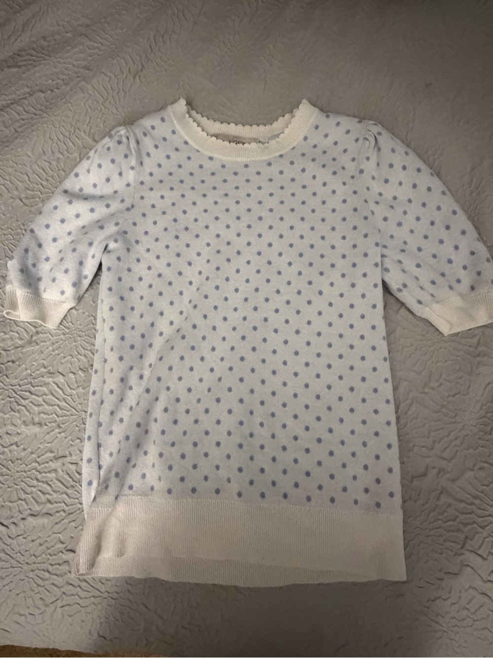 White Scalloped Knit Top with Light Blue Polka Dots